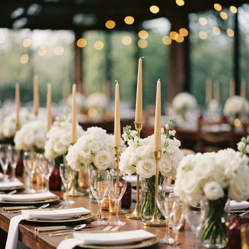 Elegant wedding table setting with candles and gold accents